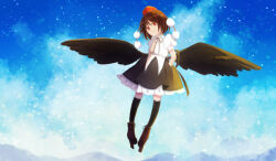 Rule 34 | 1girl, arms behind back, black bow, black bowtie, black hair, black skirt, black thighhighs, black wings, blue sky, boots, bow, bowtie, brown footwear, check commentary, closed mouth, cloud, cloudy sky, collared shirt, commentary, commentary request, feathered wings, flying, footwear bow, frilled skirt, frills, full body, geta, hat, looking at viewer, miniskirt, mountain, pom pom (clothes), puffy short sleeves, puffy sleeves, red eyes, red headwear, shameimaru aya, shirt, short hair, short sleeves, skirt, sky, smile, straight hair, tengu-geta, thighhighs, tokin hat, toraneko 2, touhou, white shirt, wings