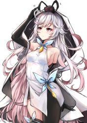 Rule 34 | 1girl, arm up, asymmetrical legwear, bare shoulders, black gloves, black pantyhose, blush, breasts, closed mouth, collarbone, commentary request, copyright request, dress, elbow gloves, gloves, gradient hair, grey hair, hakuya (white night), highres, long hair, medium breasts, multicolored hair, on head, pantyhose, pink hair, red eyes, simple background, single leg pantyhose, single thighhigh, sleeveless, sleeveless dress, solo, taut clothes, taut dress, thighhighs, uneven legwear, very long hair, white background, white dress