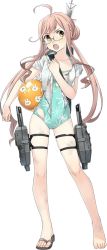 Rule 34 | 1girl, ahoge, ball, barefoot, beachball, double bun, feet, fujikawa, full body, glasses, gun, hair bun, kantai collection, machinery, makigumo (kancolle), official art, open mouth, pink hair, sandals, solo, swimsuit, torn clothes, torpedo, torpedo launcher, torpedo tubes, transparent background, twintails, weapon, yellow eyes