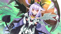 Rule 34 | 1girl, absurdres, ahoge, angel wings, breasts, crown, fang, game cg, highres, horns, huge ahoge, long hair, looking at viewer, makai shin trillion, nanameda kei, official art, aged up, pink hair, pointy ears, red eyes, ruche, smile, solo, tail, umbrella, wings