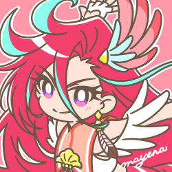 Rule 34 | 1girl, aqua hair, bright pupils, clothing cutout, cure flamingo, earrings, feather earrings, feathers, fingerless gloves, gloves, heart cutout, highres, jewelry, long hair, looking at viewer, mayena, multicolored eyes, multicolored hair, outline, pink eyes, precure, purple eyes, red background, red hair, single earring, sleeveless, smile, solo, takizawa asuka, tropical-rouge! precure, upper body, very long hair, white gloves, white outline, white pupils