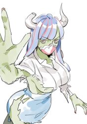 Rule 34 | 1girl, ahoge, blue hair, blue skirt, bone, breasts, broken horn, collared shirt, colored skin, covered mouth, curled horns, dinosaur girl, green skin, hand up, horns, large breasts, long hair, looking at viewer, mask, mouth mask, multicolored hair, one piece, pink eyes, pink hair, pink mask, raine (acke2445), shirt, simple background, sketch, skirt, solo, streaked hair, torn clothes, ulti (one piece), underboob, white background, white shirt, zombie