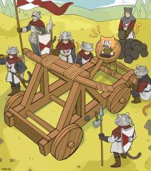 Rule 34 | 19vodnik, absurdres, animal ears, bound, cat ears, cat girl, cat tail, catapult, flag, halberd, hammer, helmet, highres, holding, holding weapon, kettle helm, melty blood, neco-arc, original, polearm, sharp teeth, shield, soldier, spear, standard bearer, sword, tail, teeth, tied up (nonsexual), tsukihime, weapon