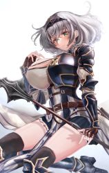 Rule 34 | absurdres, armor, armored dress, belt, belt pouch, black gloves, black thighhighs, braid, brown belt, chest guard, chest harness, chest strap, cleavage cutout, clothing cutout, collared dress, dress, fingerless gloves, french braid, gloves, greaves, green eyes, hairband, harness, highres, hololive, hololive fantasy, leather belt, mace, maison de cante, pauldrons, pelvic curtain, pleated dress, pouch, puffy sleeves, shirogane noel, shirogane noel (1st costume), short dress, short hair, shoulder armor, silver hair, single pauldron, tabard, thighhighs, vambraces, virtual youtuber, waist cape, wavy hair, weapon