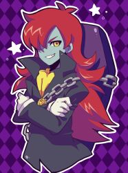 Rule 34 | 1boy, argyle, argyle background, ascot, black coat, blue skin, chain, coat, coffin, colored skin, croket!, cropped torso, crossed arms, fondde veau, gloves, grin, hair over one eye, kotorai, long hair, looking at viewer, male focus, outline, red hair, smile, solo, star (symbol), white gloves, white outline, yellow ascot, yellow eyes
