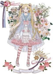 Rule 34 | 1girl, alternate costume, artist name, banner, bishoujo senshi sailor moon, bity3155660241, blonde hair, blue dress, blue eyes, blue ribbon, blue sailor collar, blue sleeves, bow, bowtie, closed mouth, collarbone, collared dress, cross-laced footwear, daisy, double bun, dress, flower, footwear bow, frilled bowtie, frilled sailor collar, frilled shirt, frilled skirt, frills, full body, hair bow, hair bun, hand in own hair, leaf, lolita fashion, long hair, looking at viewer, medium skirt, one eye closed, pantyhose, pink bow, pink bowtie, pink flower, pink gemstone, pink pantyhose, pink ribbon, pink rose, puffy short sleeves, puffy sleeves, purple bow, purple ribbon, ribbon, rose, sailor collar, shirt, shoes, shooting star (symbol), short sleeves, simple background, skirt, skirt hold, sleeve bow, smile, solo, star (symbol), straight-on, striped bow, striped clothes, striped pantyhose, tsukino usagi, twintails, two-tone pantyhose, two-tone ribbon, very long hair, white background, white bow, white flower, white footwear, white pantyhose, white skirt