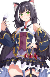 Rule 34 | 1girl, animal ear fluff, animal ears, asato (fadeless), bare shoulders, black hair, black thighhighs, blue sleeves, blush, brooch, cat ears, cat tail, closed mouth, collared shirt, cowboy shot, detached sleeves, fang, frilled skirt, frills, frown, garter straps, green eyes, hand on own hip, highres, jewelry, karyl (princess connect!), long hair, long sleeves, looking at viewer, multicolored hair, princess connect!, purple skirt, shirt, skirt, solo, tail, thighhighs, twintails, white background, white hair