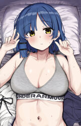 Rule 34 | 1girl, bed sheet, black skirt, blue hair, bocchi the rock!, bra, breasts, closed mouth, clothes writing, collarbone, ear piercing, grey bra, highres, large breasts, looking at viewer, mole, mole under eye, navel, piercing, pillow, rouka (akatyann), shirt, unworn shirt, short hair, skirt, unworn skirt, solo, sweat, underwear, upper body, white shirt, yamada ryo, yellow eyes