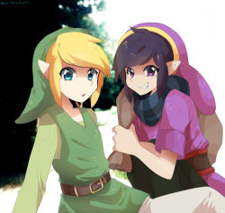 Rule 34 | 2boys, artist name, belt, black pants, blonde hair, blue eyes, blue scarf, blush, dated, green headwear, green shirt, grin, hand up, happy, hat, hatomura miri, highres, holding, light blush, link, long sleeves, looking at viewer, male focus, multiple boys, nintendo, open mouth, outdoors, pants, pointy ears, purple eyes, purple hair, purple headwear, purple shirt, ravio, sack, sash, scarf, shirt, short hair, short sleeves, signature, sitting, smile, squatting, swept bangs, teeth, the legend of zelda, the legend of zelda: a link between worlds, tree, tunic