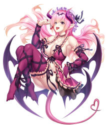 Rule 34 | 1girl, asahi, ass, breasts, colored skin, curvy, demon girl, demon wings, eating, food, fruit, full body, highleg, highleg panties, highres, horns, large breasts, lilith-soft, mireille (taimanin asagi), monster girl, open mouth, panties, pink hair, purple eyes, shiny skin, simple background, solo, tail, taimanin (series), taimanin rpgx, thong, underwear, white background, white skin, wings