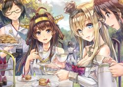 Rule 34 | 10s, 5girls, :d, ahoge, back, bad food, bare shoulders, black hair, black hakama, black legwear, black ribbon, blonde hair, blue eyes, blurry, blush, bow, braid, breasts, brown hair, cake, chair, cleavage, closed eyes, closed mouth, cloud, cooking, crown, cup, cupcake, day, depth of field, detached sleeves, double bun, dress, eyelashes, fingernails, flat chest, flower, food, fork, fruit, glasses, grass, green-framed eyewear, hair between eyes, hair bun, hairband, hakama, hakama short skirt, hakama skirt, haruna (kancolle), head tilt, headgear, hiei (kancolle), holding, holding cup, japanese clothes, jewelry, kantai collection, kirishima (kancolle), kongou (kancolle), koyuki (kotatsu358), ladle, leaning forward, long hair, long sleeves, looking at viewer, medium breasts, mini crown, multiple girls, musical note, necklace, no legwear, nontraditional miko, off-shoulder dress, off shoulder, open mouth, outdoors, parted lips, pink lips, plate, pot, profile, quaver, red bow, red flower, red rose, remodel (kantai collection), ribbon, ribbon-trimmed sleeves, ribbon trim, rope, rose, sash, saucer, scone, semi-rimless eyewear, serving, serving dome, short hair, sitting, skirt, sky, smile, smoke, spread legs, standing, steam, stove, strawberry, swept bangs, table, tablecloth, tea, tea party, teacup, teapot, thighhighs, tiered tray, tray, tree, under-rim eyewear, warspite (kancolle)