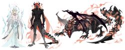 2boys alternate_costume asura_(onmyoji) black_skin blonde_hair blue_eyes claws colored_skin demon demon_boy dragon dragon_boy dragon_horns dragon_tail dress fire full_body hair_ornament highres horns jewelry long_hair looking_at_viewer monster monster_boy multiple_boys onmyoji red_eyes red_hair simple_background standing tail taishakuten_(onmyoji) veil very_long_hair weapon white_background white_dress wings yellow_eyes yinzinmiemie