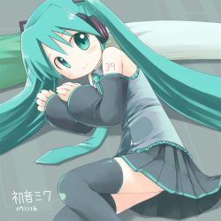 Rule 34 | 00s, 1girl, 39, 2007, aqua eyes, aqua hair, bare shoulders, black thighhighs, character name, child, dated, detached sleeves, emurin, hatsune miku, long hair, looking at viewer, necktie, skirt, solo, spring onion, thighhighs, twintails, very long hair, vocaloid