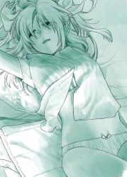 Rule 34 | 1girl, bed, bow, bow panties, commentary request, cowboy shot, fang, green theme, hair bow, highres, kantai collection, lying, monochrome, on back, on bed, panties, parted lips, short sleeves, solo, tone (kancolle), two side up, underwear, upper body, yami (m31)