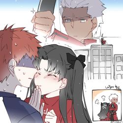 Rule 34 | 1girl, 2boys, anger vein, angry, archer (fate), black hair, blouse, blush, bow (weapon), building, casual, closed eyes, comic, commentary request, cross, dark-skinned male, dark skin, emiya shirou, fate/stay night, fate (series), grey eyes, h sueun, hair ribbon, holding, holding bow (weapon), holding weapon, imminent kiss, jacket, kiss, long hair, multiple boys, red hair, red jacket, red shirt, rejected kiss, ribbon, scared, shirt, signature, tohsaka rin, twintails, two side up, weapon, white hair