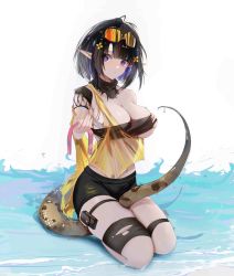 Rule 34 | 1girl, absurdres, arknights, bare shoulders, between legs, bike shorts, black hair, black shorts, blunt bangs, blush, breasts, cleavage, closed mouth, collarbone, eunectes (arknights), eyewear on head, full body, hand on own chest, highres, holding, large breasts, looking at viewer, multicolored hair, nail polish, navel, nose blush, omone hokoma agm, orange-tinted eyewear, pointy ears, pouch, purple hair, scales, see-through, seiza, short hair, short shorts, shorts, signature, simple background, sitting, snake tail, solo, strapless, sunglasses, tail, tail between legs, thigh pouch, thigh strap, tinted eyewear, torn clothes, two-tone hair, underboob, water, white background, yellow nails