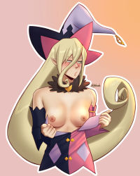 Rule 34 | 1girl, blonde hair, breasts, clothes, clothes grab, female focus, grabbing, hat, highres, joylewds, long hair, magilou (tales), nipples, open mouth, pointy ears, small breasts, tales of (series), tales of berseria, witch, witch hat