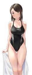 Rule 34 | 1girl, black hair, black one-piece swimsuit, breasts, brown eyes, cleavage, competition swimsuit, feet out of frame, gluteal fold, highres, large breasts, looking at viewer, one-piece swimsuit, original, short hair, simple background, solo, standing, swimsuit, thigh gap, towel, wa (genryusui), white background, white towel
