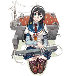 Rule 34 | 1girl, arm warmers, black hair, blue sailor collar, blue skirt, commentary request, fujikawa, glasses, green eyes, hairband, hip vent, kantai collection, long hair, looking at viewer, machinery, official art, ooyodo (kancolle), pleated skirt, sailor collar, school uniform, seiza, semi-rimless eyewear, serafuku, simple background, sitting, skirt, solo, thighhighs, tongue, tongue out, under-rim eyewear, white background