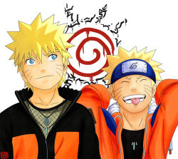 Rule 34 | 1boy, :p, aged down, aged up, batterymunkey, blonde hair, blue eyes, closed eyes, dual persona, facial mark, headband, jewelry, naruto (series), naruto shippuuden, necklace, simple background, smile, spiked hair, symbol, time paradox, tongue, tongue out, uzumaki naruto, whisker markings, white background