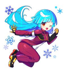 Rule 34 | 1girl, ;d, absurdres, aqua hair, full body, highres, kula diamond, long hair, looking at viewer, offbeat, one eye closed, open mouth, orange eyes, pants, red pants, shoes, simple background, smile, snowflakes, solo, the king of fighters, very long hair, white background