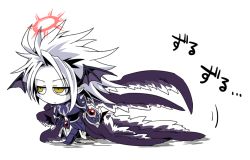 Rule 34 | 0nodera, 1boy, armor, black wings, chibi, darklord morningstar, duel monster, fallen angel, halo, multiple wings, pointy ears, shield, shoulder spikes, spiked hair, spikes, walking, white background, white hair, wings, yellow eyes, yu-gi-oh!
