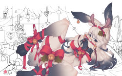 Rule 34 | 1girl, :3, ahoge, animal ears, animal hands, antlers, artist name, barefoot, bauble, bdsm, bell, bit gag, black hair, blush, bondage, bound, bound wrists, bow, box, breasts, candy, candy cane, christmas, christmas ornaments, christmas tree, closed mouth, crystal, dildo, ear piercing, fake antlers, fang, female focus, food, furry, furry female, gag, gift, glasses, gradient hair, hairband, half-closed eyes, hands up, happy, heart, highres, holly, horns, indoors, jingle bell, leg lift, leg up, lin mzhh, long hair, looking at viewer, lying, medium breasts, mole, mole under eye, mouth hold, multicolored hair, naked ribbon, nose blush, on side, original, partially colored, piercing, rabbit ears, rabbit tail, red bow, red hairband, red ribbon, ribbon, ribbon bondage, sex toy, signature, smile, solo, spread legs, spreader bar, star (symbol), stuffed animal, stuffed toy, tail, white hair, window, yellow-framed eyewear