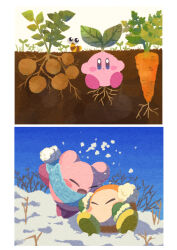 Rule 34 | absurdres, blue eyes, blue scarf, blue sky, blush stickers, carrot, closed eyes, closed mouth, gloves, green gloves, highres, kirby, kirby (series), leaf, looking at viewer, miclot, mittens, nintendo, no humans, open mouth, pink footwear, plant, plant roots, playing, potato, scarf, shoes, simple background, sky, smile, snow, waddle dee, white background, winter, worm