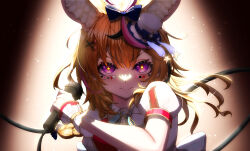 Rule 34 | 1girl, animal ear fluff, animal ears, blonde hair, blue bow, blue bowtie, bow, bowtie, braid, commentary, determined, english commentary, facial mark, fox ears, gloves, hair between eyes, hair over shoulder, hat, highres, holding, holding microphone, hololive, hololive idol uniform (bright), jacket, light particles, long hair, looking at viewer, microphone, mini hat, mini top hat, multicolored hair, omaru polka, pink hair, puffy short sleeves, puffy sleeves, purple eyes, serious, short sleeves, side braid, single braid, solo, star-shaped pupils, star (symbol), streaked hair, symbol-shaped pupils, takotobuta, top hat, upper body, v-shaped eyebrows, virtual youtuber, white gloves, white jacket, wrist cuffs