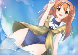 Rule 34 | 10s, 1girl, bad id, bad pixiv id, breasts, brown eyes, clothes writing, cloud, day, hairband, i-26 (kancolle), kantai collection, large breasts, light brown hair, long hair, misu t (ccc), name tag, new school swimsuit, ocean, one-piece swimsuit, open clothes, open mouth, sailor collar, school swimsuit, short sleeves, sky, smile, solo, swimsuit, swimsuit under clothes, two-tone hairband, two side up, water