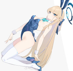 Rule 34 | 1girl, animal ears, beijuu, blonde hair, blue archive, blue eyes, blue leotard, bow, bowtie, breasts, detached collar, fake animal ears, fake tail, halo, highleg, highleg leotard, leotard, long hair, looking at viewer, medium breasts, official alternate costume, playboy bunny, rabbit ears, rabbit tail, solo, strapless, strapless leotard, tail, thighhighs, toki (blue archive), toki (bunny) (blue archive), very long hair, white thighhighs, wrist cuffs