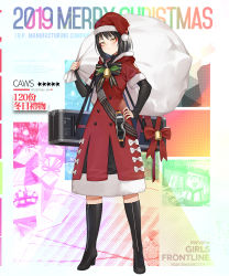 Rule 34 | 1girl, bag, bell, black bow, black footwear, black hair, black shirt, blush, boots, bow, breasts, caws (120 winter gifts) (girls&#039; frontline), caws (girls&#039; frontline), character name, christmas, dress, expressionless, full body, fur-trimmed dress, fur trim, girls&#039; frontline, goggles, haijin, hand on own hip, hat, high heel boots, high heels, highres, holding, holding bag, hood, hood down, hooded dress, knee boots, long sleeves, looking at viewer, makeup, medium breasts, official alternate costume, official art, red dress, sack, santa hat, shirt, short hair, short sleeves, sidelocks, solo, turtleneck, weapon case, yellow eyes, zipper