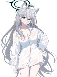 Rule 34 | 1girl, absurdres, ahoge, alternate costume, animal ear fluff, animal ears, blue archive, blue eyes, breasts, broken halo, cleavage, closed mouth, collarbone, collared shirt, commentary request, dress shirt, earrings, extra ears, goyain, grey hair, groin, hair between eyes, hair ornament, hair over one eye, halo, hand on own hip, head tilt, highres, jewelry, long bangs, long hair, long sleeves, looking at viewer, medium breasts, mismatched pupils, naked shirt, puffy long sleeves, puffy sleeves, see-through, shiroko (blue archive), shiroko terror (blue archive), shirt, sidelocks, simple background, sleeves past wrists, solo, standing, stud earrings, very long hair, wet, wet clothes, wet shirt, white background, white shirt, wolf ears, wolf girl