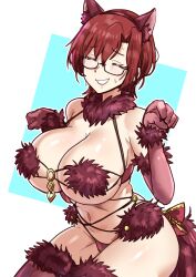 Rule 34 | 1girl, absurdres, alternate color, animal ears, aozaki touko, blush, breasts, claw pose, cleavage, cosplay, ebora, elbow gloves, fake animal ears, fate/grand order, fate (series), fur-trimmed gloves, fur-trimmed legwear, fur-trimmed thighhighs, fur bikini, fur collar, fur trim, glasses, gloves, halloween costume, highres, lace, lace-trimmed legwear, lace trim, large breasts, long hair, mahou tsukai no yoru, mash kyrielight, mash kyrielight (cosplay), mash kyrielight (dangerous beast), mash kyrielight (dangerous beast) (cosplay), navel, o-ring, o-ring top, open mouth, red gloves, red hair, red thighhighs, revealing clothes, short hair, solo, thighhighs, wolf ears