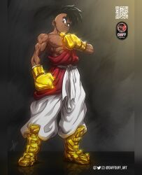 Rule 34 | belt, black eyes, black hair, daffduff, dragon ball, gold boots, gold gloves, highres, looking at viewer, looking to the side, muscular, muscular male, pants, serious, tagme, uub, white belt, white pants