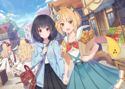 Rule 34 | &gt; &lt;, 5girls, ahoge, andira (granblue fantasy), anila (granblue fantasy), animal ears, bag, beads, black hair, black skirt, blonde hair, blue jacket, bow, braid, bread, breasts, cloud, collarbone, commentary, dog ears, dog tail, door, door handle, draph, erune, flat chest, flower, food, food stand, fur trim, granblue fantasy, green skirt, hair beads, hair flower, hair ornament, heart, highres, holding, holding bag, holding hands, horns, hug, jacket, jiman, kumbhira (granblue fantasy), lens flare, loaf of bread, long hair, looking at viewer, medium hair, mountain, mouse (animal), multiple girls, open mouth, outdoors, paper bag, pleated skirt, red bow, red neckwear, satchel, sheep horns, shirt, short hair, single braid, skirt, sky, small breasts, sparkle, sweatdrop, tail, thighhighs, tree, vajra (granblue fantasy), vikala (granblue fantasy), white shirt, wide sleeves, wooden box