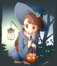 Rule 34 | 10s, 1girl, 2014, brown eyes, brown hair, chestnut mouth, dated, halloween, hat, jack-o&#039;-lantern, kagari atsuko, little witch academia, long hair, nagian, solo, witch, witch hat