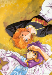 Rule 34 | 2girls, aqua eyes, arm behind head, from above, highres, jacket, long hair, long sleeves, looking at another, lying, multiple girls, on back, on ground, open clothes, open jacket, orange hair, purple hair, red eyes, short hair, smile, urushihara satoshi