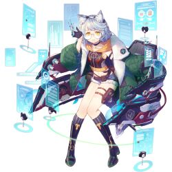 Rule 34 | 1girl, animal ears, aqua hair, artist request, belt, belt buckle, belt pouch, black choker, black footwear, black gloves, boots, brown belt, brown hoodie, buckle, buttoned cuffs, buttons, chair, chart, checkmark, choker, claws, coat, collar, collarbone, collared coat, cropped hoodie, denim, denim shorts, drawstring, final gear, floating, floating object, fox ears, frown, full-length zipper, full body, fur-trimmed shorts, fur trim, glasses, gloves, gold buckle, graph, green coat, green sleeves, grey socks, hair ears, hairband, highres, hood, hoodie, knees together feet apart, leg belt, legs, looking at viewer, map, midriff, multicolored clothes, multicolored hoodie, navel, official art, pinstripe socks, pouch, puffy coat, puffy collar, rigging, rimless eyewear, round eyewear, screen, short shorts, shorts, simple background, socks, solar system, solo, striped clothes, striped socks, sun symbol, swept bangs, tachi-e, thigh pouch, third-party source, transparent background, two-tone footwear, veronica (final gear), vertical-striped clothes, vertical-striped socks, white collar, white hairband, yellow eyes, yellow hood, zipper, zipper pull tab