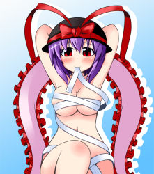 Rule 34 | 1girl, arms up, bandages, blush, bow, breasts, cleavage, female focus, gradient background, hat, ichimi, large breasts, nagae iku, naked ribbon, navel, nude, purple hair, red eyes, ribbon, shawl, short hair, solo, touhou