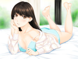 Rule 34 | 1girl, ass, bad id, bad pixiv id, barefoot, blush, bra, breasts, brown eyes, brown hair, cleavage, hands on own cheeks, hands on own face, jacket, large breasts, lips, long hair, lying, nayuta69, on stomach, original, panties, smile, solo, the pose, underwear