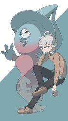 Rule 34 | 1boy, absurdres, ahoge, alternate costume, bede (pokemon), bespectacled, black pants, book, closed mouth, collared shirt, commentary request, creatures (company), curly hair, eyelashes, game freak, gen 8 pokemon, glasses, grey eyes, grey hair, hatterene, head rest, highres, holding, holding book, invisible chair, long sleeves, male focus, nintendo, odd (hin yari), pants, pokemon, pokemon (creature), pokemon swsh, shirt, shoes, short hair, sitting, sweater