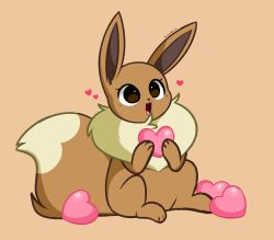Rule 34 | absurdres, animal focus, brown background, brown eyes, creatures (company), eevee, game freak, gen 1 pokemon, happy, heart, highres, holding, itskittyrosie, nintendo, no humans, open mouth, pokemon, pokemon (creature), simple background, smile, solo