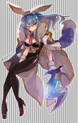 Rule 34 | 10s, 1girl, animal ears, bad id, bad twitter id, blue eyes, blue hair, breasts, cleavage, dagger, fake animal ears, gloves, granblue fantasy, hyakuhachi (over3), jacket, jacket on shoulders, knife, medium breasts, pantyhose, playboy bunny, rabbit ears, solo, therese (granblue fantasy), weapon