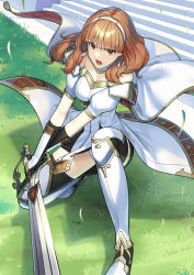 Rule 34 | 1girl, absurdres, armored boots, bare shoulders, black shorts, black thighhighs, boots, breasts, cape, celica (fire emblem), cleavage, commission, dress, fighting stance, fire emblem, fire emblem echoes: shadows of valentia, foreshortening, grass, highres, holding, holding sword, holding weapon, long hair, looking at viewer, mytea (soso), nintendo, open mouth, red eyes, red hair, serious, short shorts, shorts, skeb commission, sleeveless, solo, squatting, stairs, sword, thighhighs, tiara, v-shaped eyebrows, weapon, white cape, white dress