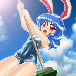 Rule 34 | 1girl, animal ears, blue hair, blush, broom, one-piece swimsuit, open mouth, rabbit ears, red eyes, school swimsuit, seiran (touhou), shiny clothes, shiny skin, solo, swimsuit, touhou, winn