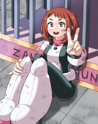 Rule 34 | :d, bars, belt, black bodysuit, blush stickers, bob cut, bodysuit, boku no hero academia, boots, brown eyes, brown hair, cage, commentary request, dirty, dirty clothes, dirty face, full body, hand on own leg, high heel boots, high heels, highres, knees up, marumorumeme, messy hair, on ground, open mouth, pink belt, pink bodysuit, pink footwear, pinky out, round teeth, short eyebrows, short hair, sitting, smile, solo, teeth, thick eyebrows, tile floor, tiles, two-tone bodysuit, upper teeth only, uraraka ochako, v