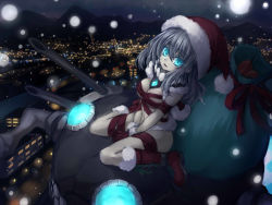 Rule 34 | 10s, 1girl, abyssal ship, bad id, bad pixiv id, blue eyes, boots, breasts, cleavage, gloves, glowing, glowing eyes, hat, kantai collection, looking at viewer, naked ribbon, oukawa yuu, pale skin, ribbon, sack, santa hat, silver hair, solo, wo-class aircraft carrier