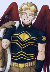 Rule 34 | 1boy, abs, belt, blonde hair, body markings, bodysuit, bodysuit under clothes, boku no hero academia, burn scar, costume, earrings, eyewear on head, facial hair, facial scar, feathered wings, feathers, fur-trimmed jacket, fur trim, gloves, goatee, hand up, hawks (boku no hero academia), highres, holding, holding clothes, holding jacket, jacket, jacket over shoulder, unworn jacket, jewelry, mahoubin (totemo hot dayo), male focus, pectoral cleavage, pectorals, red feathers, rimless eyewear, scar, scar on cheek, scar on face, scar on neck, short hair, short sleeves, sideburns, signature, skin tight, smile, solo, straight-on, stud earrings, teeth, tinted eyewear, toned, toned male, white background, wings, yellow eyes