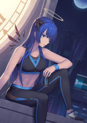Rule 34 | 1girl, arknights, athrun1120, bare arms, bare shoulders, black pants, blue eyes, blue hair, breasts, city, commentary request, crop top, foot out of frame, halo, highres, horns, knee up, leggings, long hair, medium breasts, midriff, mostima (arknights), navel, night, night sky, outdoors, pants, parted lips, penguin logistics logo, shoes, sitting, sky, sneakers, solo, sports bra, stomach, wristband